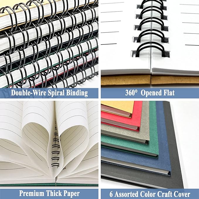 GINMLYDA Small Spiral Notebook 6Pack, 120 Lined Pages 8.25x5.50 Inches Spiral Journal Kraft Cover Notebooks & Writing Pads for School Home Office Aesthetic Sketch Drawing Note