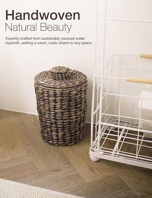 Tidita 2 Gallons Wicker Waste Basket - Water Hyacinth Bathroom Trash Can - Garbage Can with Lid Boho Style - Wicker Trash Can with Lid for Bedroom, Kitchen - Removable Liner, Handwoven (Black Color)
