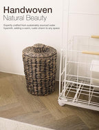 Tidita 2 Gallons Wicker Waste Basket - Water Hyacinth Bathroom Trash Can - Garbage Can with Lid Boho Style - Wicker Trash Can with Lid for Bedroom, Kitchen - Removable Liner, Handwoven (Black Color)