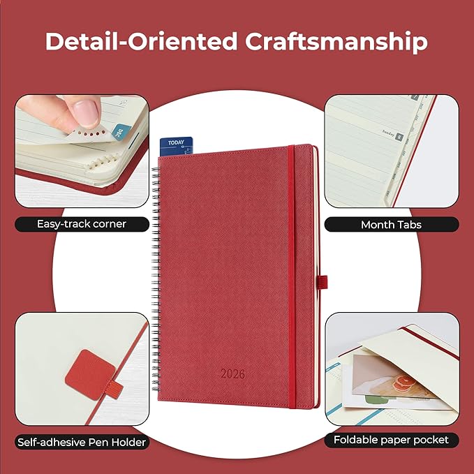 IN-LUXPRO Planner 2026 Daily Weekly and Monthly,11.5"x8.5",12 Months Spiral Bound Calendar Agenda with Self-adhesive Pen Holder,2026 Appointment Book with Vegan Leather Soft Cover,Red