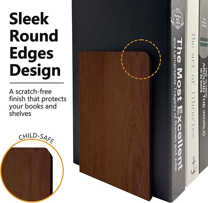 Brosisincorp Walnut Wood Book Ends for Shelves - Hand Polished Edges, Non-Skid Bookends for Heavy Duty Book Holders Office Desk Shelves Decorative Book Organizer, 6.69"H x 4.72"W x 3.94"L (2 Pairs)