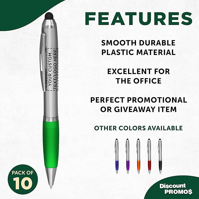 DISCOUNT PROMOS Custom Stylus Ballpoint Pens Set of 10, Personalized Bulk Pack - Black Ink, Great for Office, School, Business, Tradeshows, Events - Green