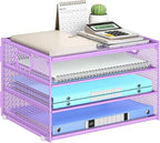 Subekyu Paper Letter Tray Organizer for Desk, Purple Metal Mesh Desk File Sorter Organizer with Handle and 2 Sliding Trays for Home Office School Supplies Organization
