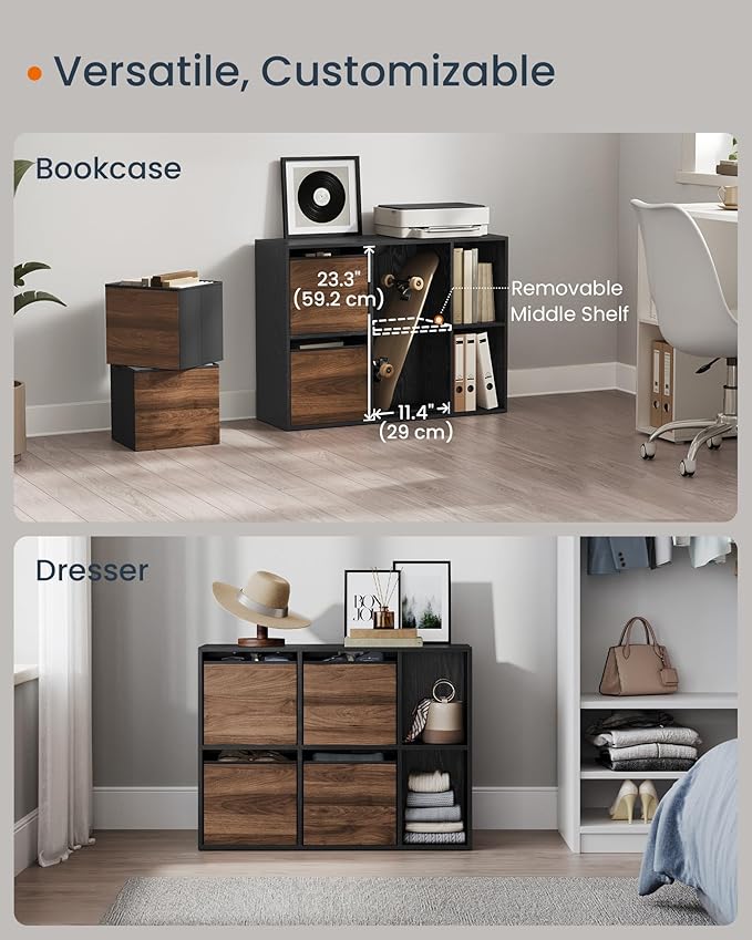 SONGMICS Home Bookshelf, Superfast Toolless Assembly, Cube Storage Organizer with 6 Compartments, Bookcase, 4 Fabric Drawers, 10.6 x 32.7 x 24.3 Inches, Natural Walnut and Ebony Black ULBC196B01