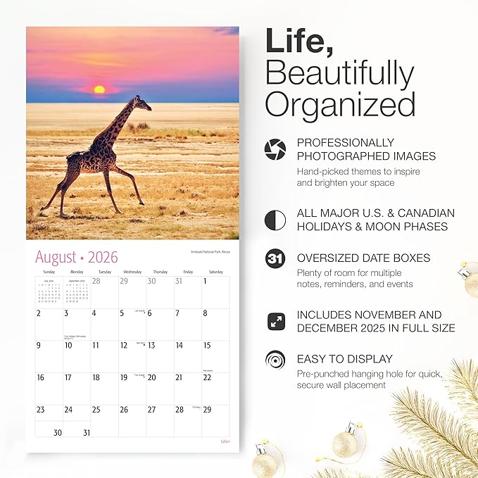 RED EMBER Safari 2026 Wall Calendar 12 Month | 12" x 24" Open | Thick & Sturdy Paper | Holiday Gift | Animal Calendar 2026