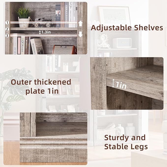 RWYHG 70" Grey Tall Bookshelf Set of 4,5-Tier Thick Wooden Book Shelf with Adjustable Shelves,Free Standing Farmhouse Bookcase with Open Display Storage,Floor Vintage Bookshelves for Living Room