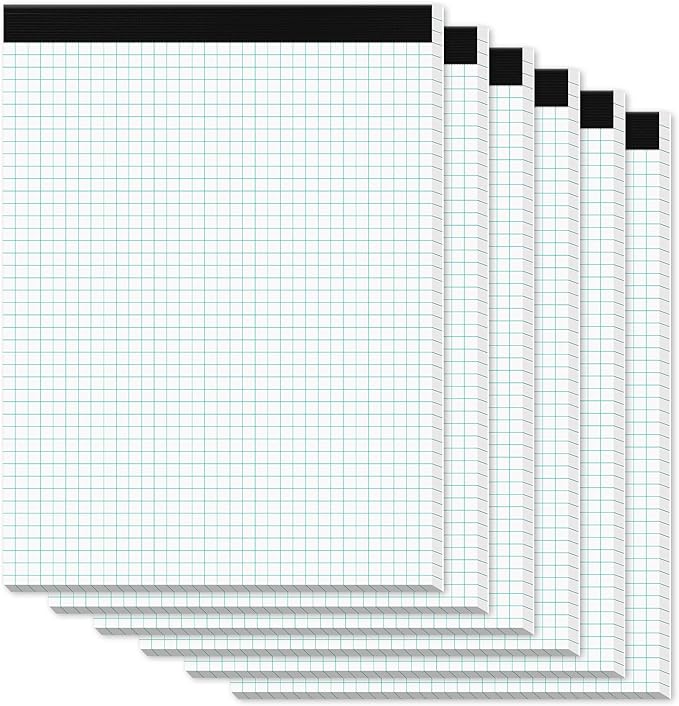 Zaviko Graph Paper Pads 8.5 x 11, 6 Pack, 4x4 Blue Quad Grid Paper Pad, White Quadrille Pad 8-1/2" x 11", Easy Tears Off, Grid Notebook 8.5 x 11, White 70 GSM Graft Paper, 30 Sheets/Pad