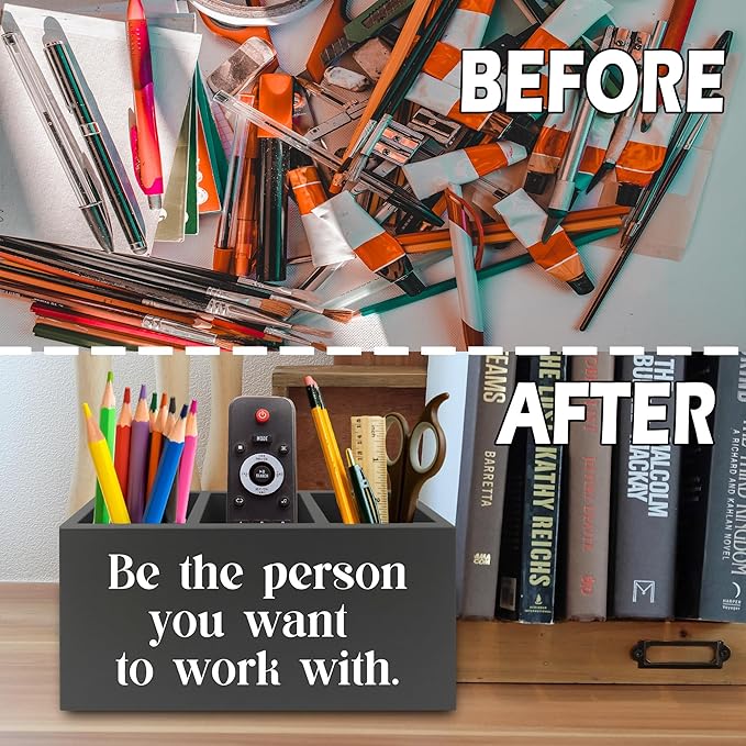 XPH Be the Person You Want to Work with Inspirational Pen Pencil Holder Organizer for Desk, Inspirational Gifts for Women Men, Motivational Wooden Box Sign for Home Office Desk Tabletop Decorations