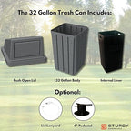 Campus Collection 32 Gallon Square Slatted 100% Recycled Plastic Heavy-Duty Commercial Outdoor or Indoor Trash Can with Push Top Lid | Great for Schools and Businesses - Dark Granite
