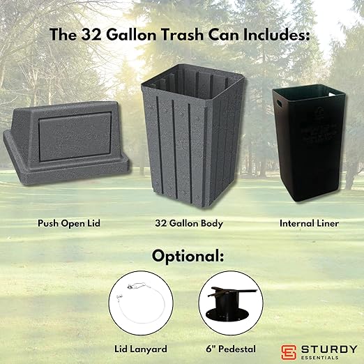 Campus Collection 32 Gallon Square Slatted 100% Recycled Plastic Heavy-Duty Commercial Outdoor or Indoor Trash Can with Push Top Lid | Great for Schools and Businesses - Dark Granite