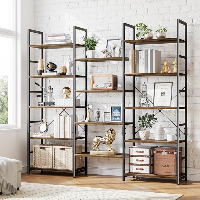 NUMENN Triple Wide 5 Tier Bookshelf, Rustic Industrial Style Bookcases with 14 Open Display Shelves, Modern Tall Bookcase Furniture for Bedroom, Living Room and Home Office, Vintage