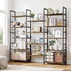 NUMENN Triple Wide 5 Tier Bookshelf, Rustic Industrial Style Bookcases with 14 Open Display Shelves, Modern Tall Bookcase Furniture for Bedroom, Living Room and Home Office, Vintage