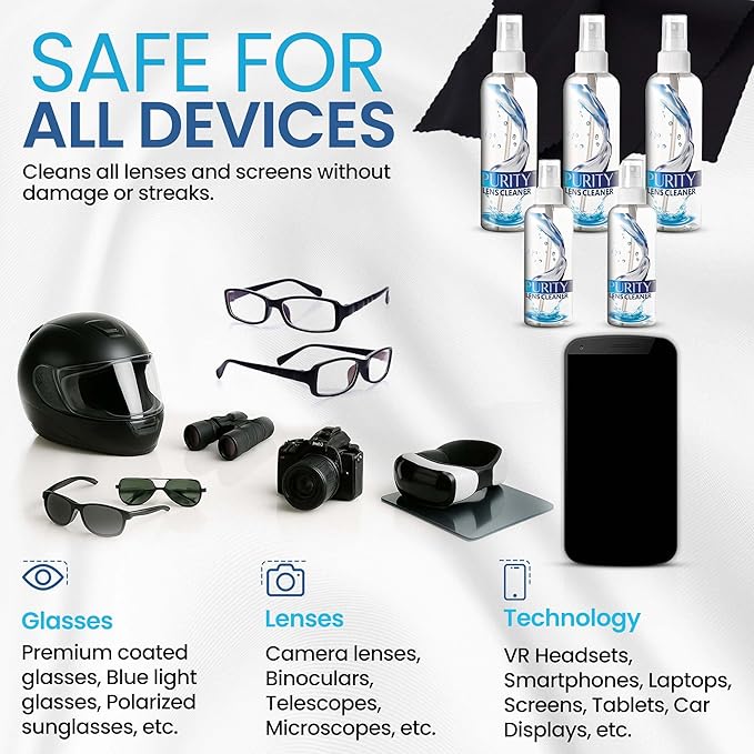Purity Eyeglass Cleaner Mega Pack - Multi-Size Lens Cleaner Kit - 2x2oz, 3x8oz Bottles + 5 Black Premium Microfiber Cloths - Safe for All Lenses, Eyeglasses, and Screens - Streak-Free Formula