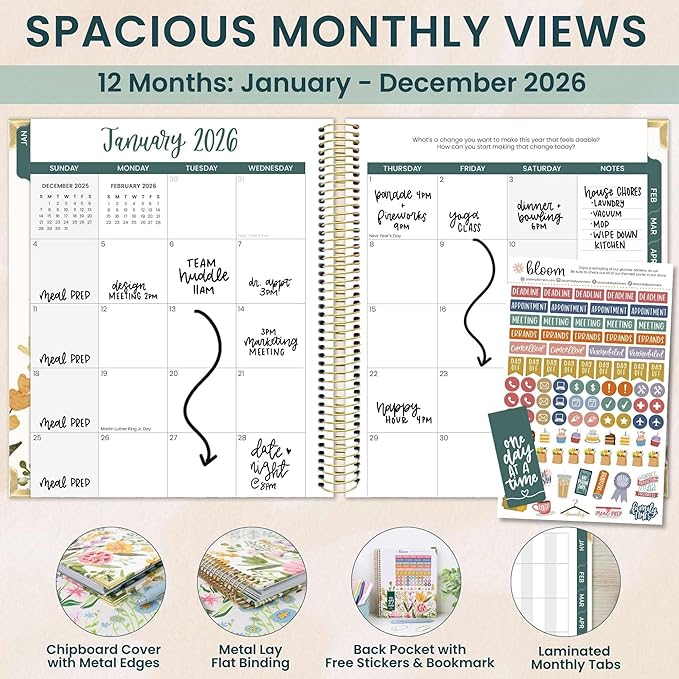 bloom daily planners 2026 Hardcover Calendar Year Goal & Vision Planner (January to December) - Monthly & Weekly Agenda Organizer - 7.5" x 9" - Beige Bouquet