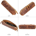 Gexmil Genuine Leather Pen Case, Full Grain Leather Pencil Holder, Hand-made Stationery Bag for Work & Office, Vintage Style, Floral Brown