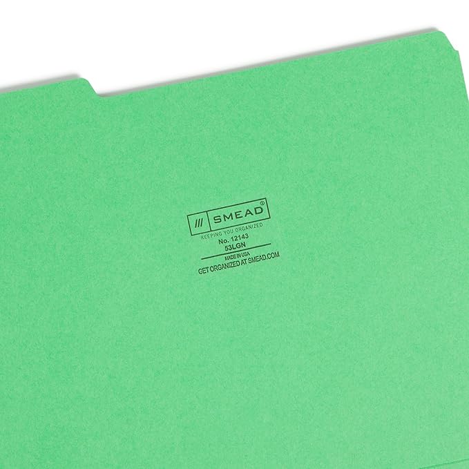 Smead Standard File Folders, 100 Count, Green, 1/3-Cut Tabs, Letter Size (12143)