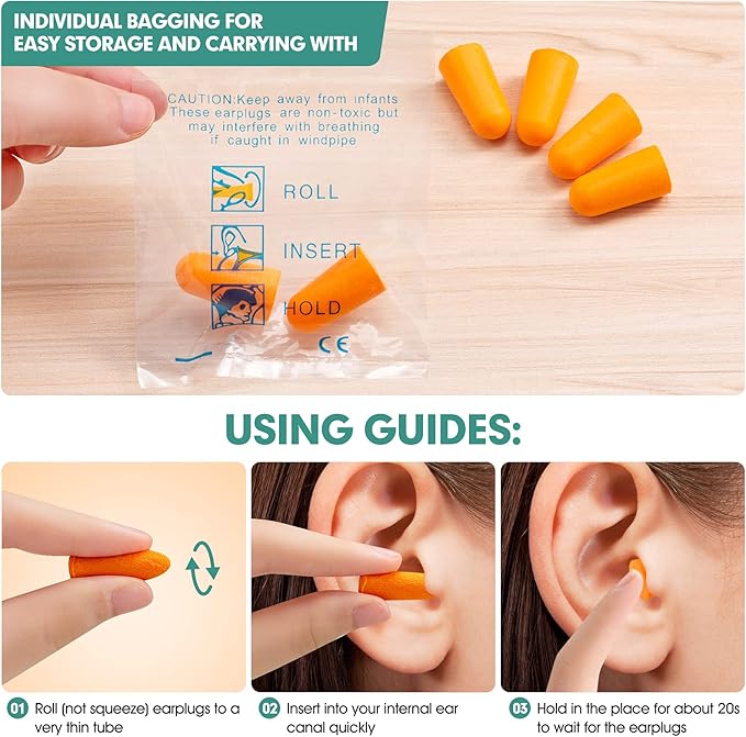 100 Pairs Orange Foam Ear Plugs - 33dB NRR Highest Protection, Soft & Comfortable Noise Canceling Earplugs for Sleeping, Work, Snoring, Construction, Loud Noise with Individual Bagged Foam EarPlug