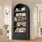 81" Tall Arched Cabinets,Bookcase with Drawer storage,Mid-Century Modern 5-Tier Bookshelf,2 Book Risers and Adjustable Shelves offering more storage space for Living Room,Kitchen,Home Office,Black