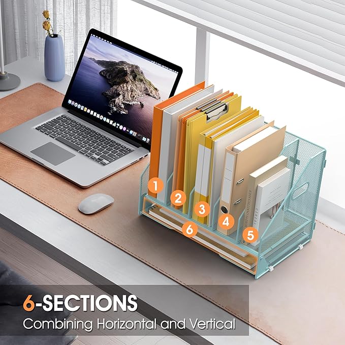 OrgMate Desk File Folder Holder Organizer-5 Vertical Compartments Racks and Paper Letter Tray,Mesh Magazine File Holder Sorter,Desktop Accessories & Workspace Organizers for Home,Office,School-Blue