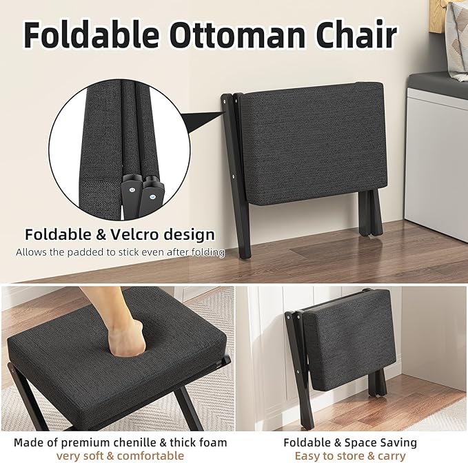 BAMBOOHOMIE Foldable Foot Stool Ottoman, Modern Foot Rest with Bamboo X Legs & Thick Foam Cushion, Folding Foot Stools Small Padded for Bedroom Living Room, Footstool for Chair Couch (Black - Black)