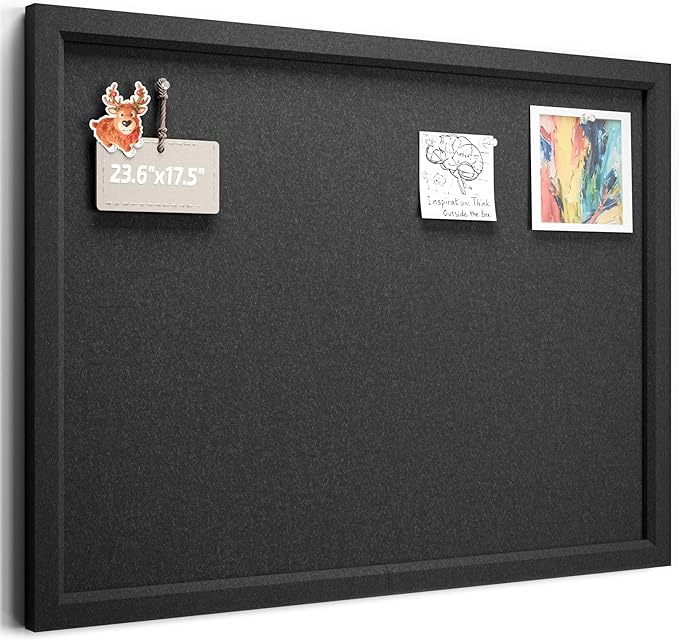 Fluxynara Foldable Cork Board Alternative, Felt Bulletin Board 24" x 18" Black Frame with 16 Adhesive Tabs, Pin Board for Home Office, Classroom, Entryway, Kitchen Wall Decor—Black