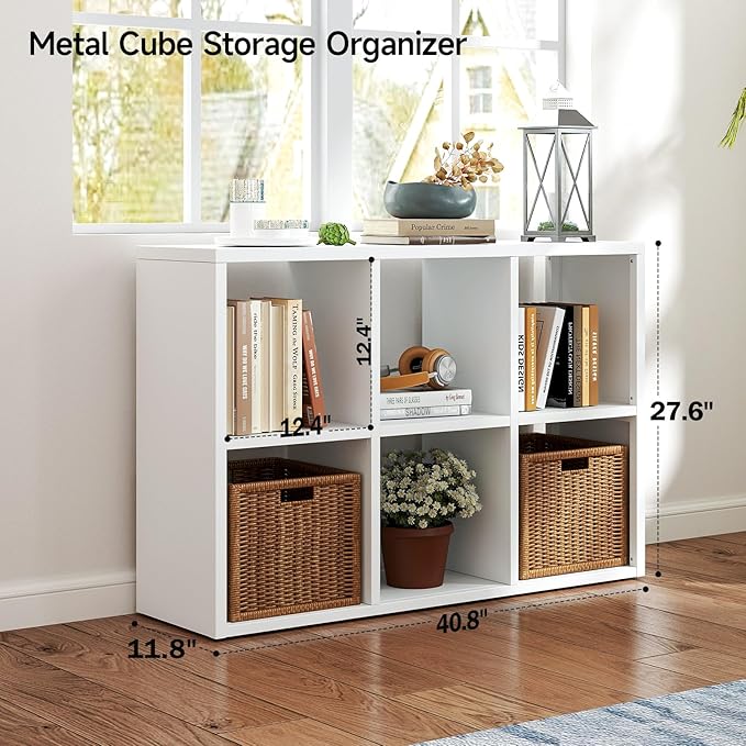 IRONMIX Metal 6 Cube Storage Organizer, White Short Bookshelf with Storage, Modern Cube Organizer with Shelves, 2-Tier Horizontal Bookshelf for Home Office, Library, Classroom (White, 1037)