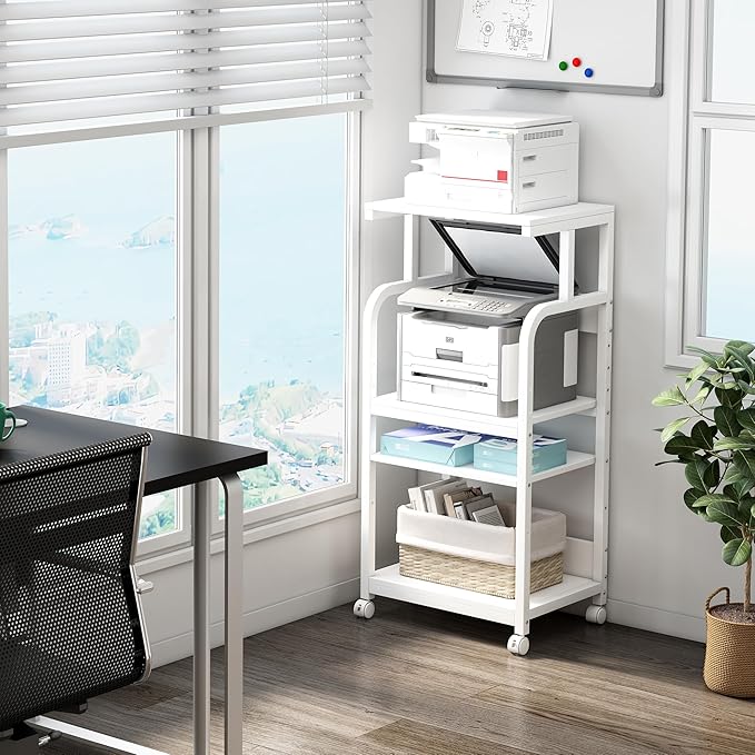 Fannova 4 Tier White Printer Stand Table with Adjustable Shelves, Movable Printer Shredder Stand with Wheels for Home Office Storage and Organization, Rolling Cart for Computer Tower CPU