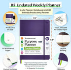 Roterunner Purpose Planner Notebook B5 7.5”x9.8” Undated 2026 Daily Weekly and Monthly Productivity Goal Setting Tool for Work Home ADHD Planner for Adults Self Care Journal (Purple Softcover)