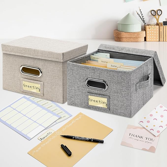 Remowith Greeting Card Organizer and Storage Box with 20 Pcs Adjustable Dividers, Storing Cards with 84 Pcs Labels Perfect for Storing Greeting Cards, Envelopes, Photos 1 Pack Grey