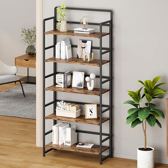 THKKY No Assembly Folding Bookshelf, 5 Tiers Collapsible Book Shelf for Home Office, Vintage Wood Foldable Bookcase Storage Organizer for Living Room Bedroom (Rustic Brown)