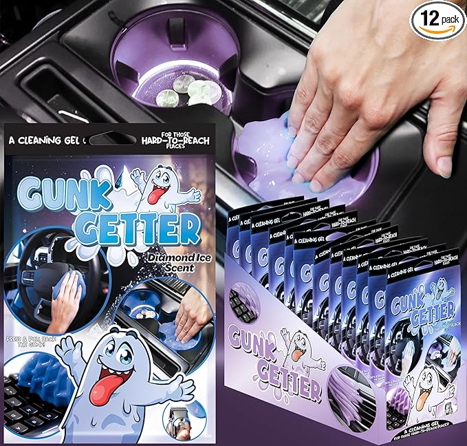 Gunk Getter, Cleaning Gel for Those Hard to Reach Places, Automotive Cup Holder Electronic Keyboard Office, Slime Gel Cleaner Dust Crumb Removal (Diamond Ice, 12 Pack)