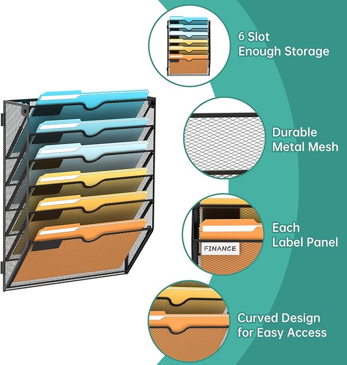 SUPEASY Wall File Organizer Mesh Office Mail Holder, Hanging Wall Organizer Magazine Rack for Office Black, 6 Tier, 2Pack