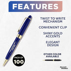 DISCOUNT PROMOS 100 Ultra Executive Pens Pack - Customizable Text, Logo - Twist To Write, Gold Accent - Blue
