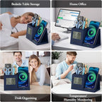 TopMade Wireless Charger with Pen Holder, PU Leather Desk Nightstand Organizer Fast Charging Station, Home Office Supplies Pencil Holder, Digital Thermometer and Humidity Gauge, Gifts for Men(Blue)