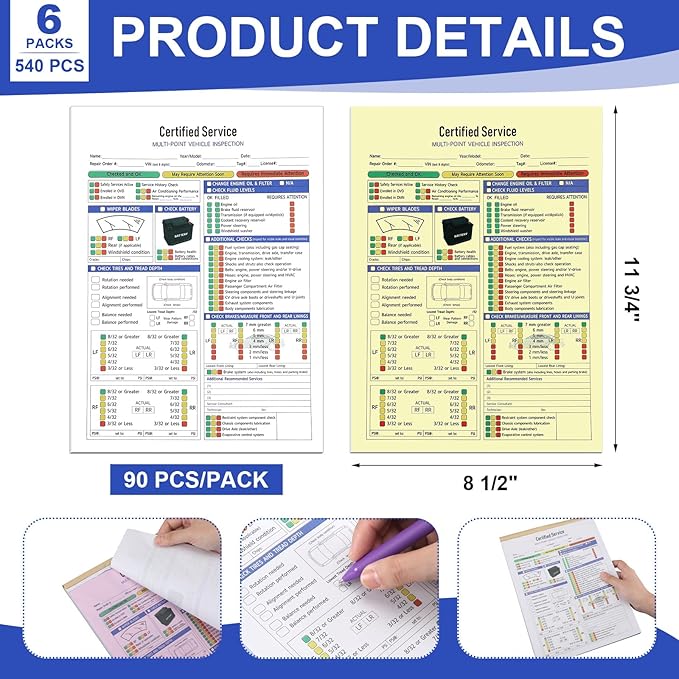 Colarr 540 Sheets 8 1/2" x 11 3/4" Multi Point Vehicle Inspection Report Form 3 Part Carbonless Form Vehicle Checklist Inspection Snap-Out Repair Report Maintenance Log for Fleet Auto Truck Driver