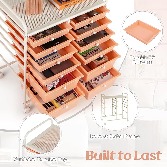 Happygrill 12-Drawer Rolling Storage Cart, Multipurpose Storage Cart W/Lockable Wheels, 2 Sizes Plastic Drawers & Metal Shelf, Mobile Utility Cart for Home Office School (Peach Fuzz)