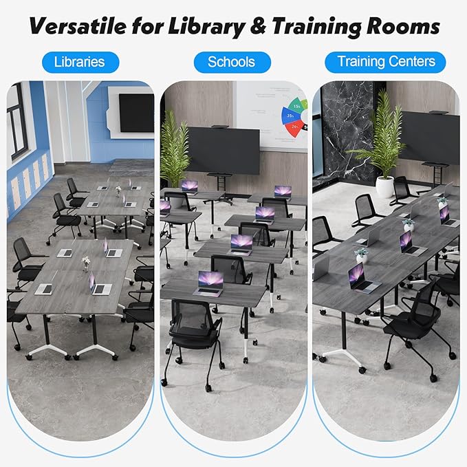 Goakwwuz Conference Room Table, Folding Conference Tables,Thicken Grey Tabletop,Flip Top Wooden Seminar Meeting Room Table for Conference Room Offices (10, Grey, 70.8”)