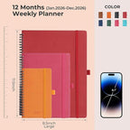 IN-LUXPRO Planner 2026 Daily Weekly and Monthly,11.5"x8.5",12 Months Spiral Bound Calendar Agenda with Self-adhesive Pen Holder,2026 Appointment Book with Vegan Leather Soft Cover,Red