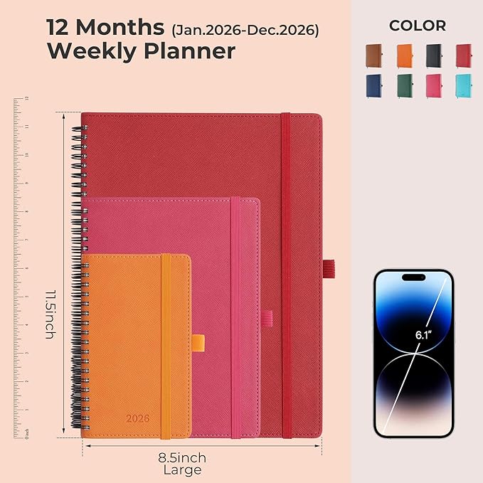 IN-LUXPRO Planner 2026 Daily Weekly and Monthly,11.5"x8.5",12 Months Spiral Bound Calendar Agenda with Self-adhesive Pen Holder,2026 Appointment Book with Vegan Leather Soft Cover,Rose Red