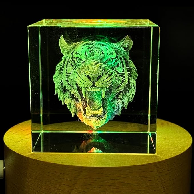 SHTWX 3D Angry Tiger Glass Paperweight(Laser Etched) in Crystal Cube Birthday (No Included LED Base)(2.3x2.3x2.3 Inch)