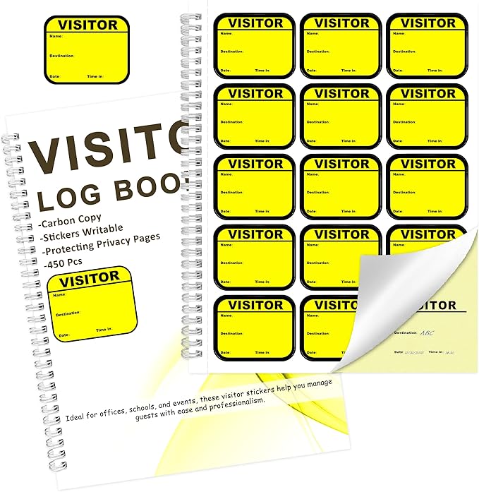 1 Pack Visitor Badges with Carbon Copy Visitor Stickers Letter Size Visitor Log Book Protecting Privacy Pages Register Book Business Guest Name tag for School Clinics Church 450 Badges 60 Memo Pages