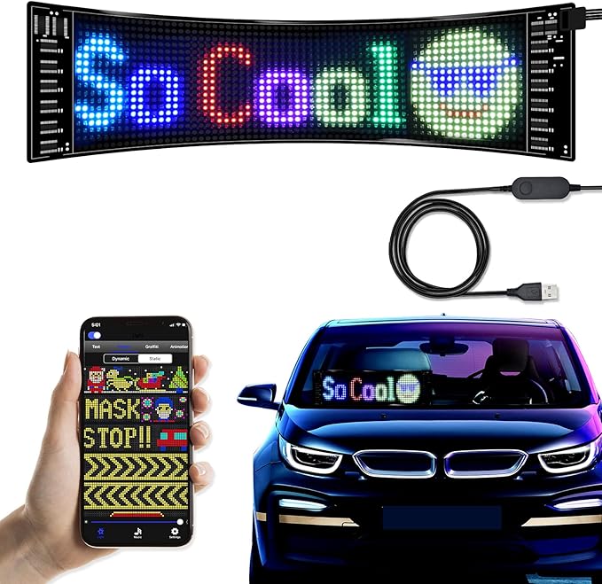 XIAOOHO Programmable LED Car Sign,Scrolling LED Sign,Flexible LED RGB Message Display,Bluetooth APP,DIY Design Colours,Animations,Text, Graffiti