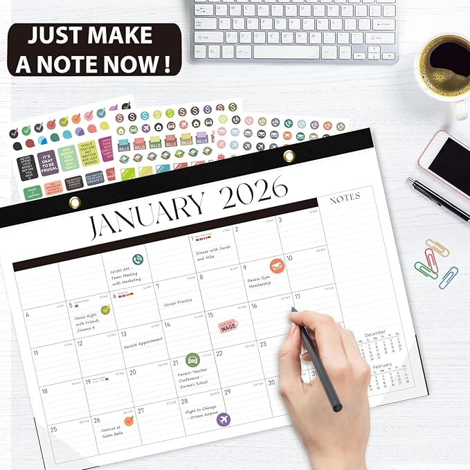 Desk Calendar 2026, Monthly Desktop Large Calendar (Jan 2026 - Jun 2027) 17" x 12" Desk Wall Planner for Family Teacher School Office Supplies, Black-White