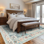 GENIMO 8x10 Area Rugs for Living Room, Machine Washable Non Slip Rugs, Low Pile Lightweight Vintage Print Rug for Bedroom, Dining Room, Home Office, Cyan/White