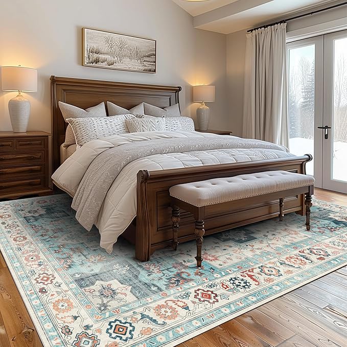 GENIMO 8x10 Area Rugs for Living Room, Machine Washable Non Slip Rugs, Low Pile Lightweight Vintage Print Rug for Bedroom, Dining Room, Home Office, Cyan/White
