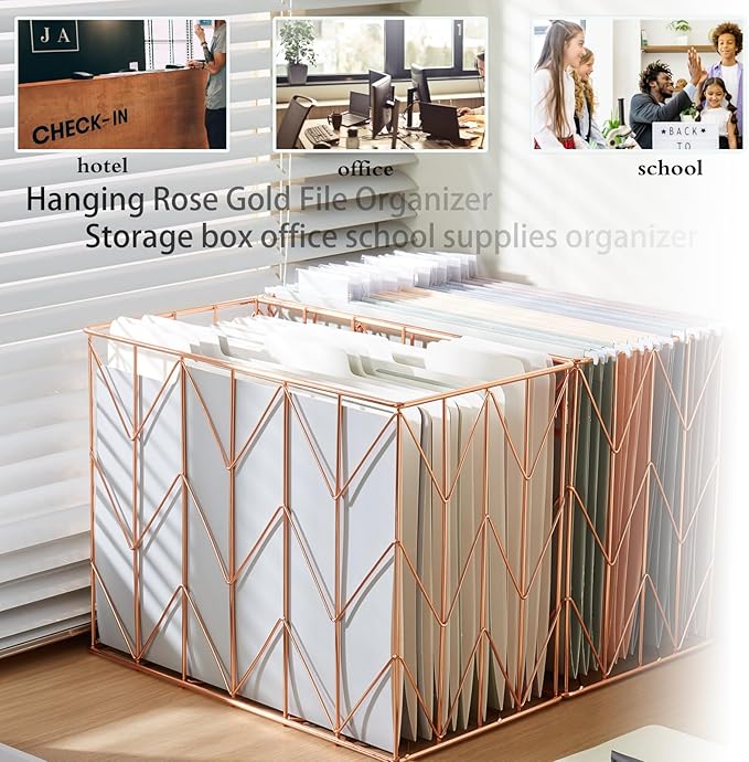 Fei Bi 1 Pack Metal Hanging Rose Gold File Organizer, Basket, Box, Storage Box, Office and School Supplies Organizer