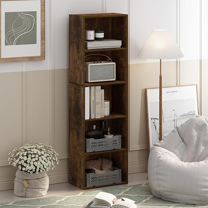 Furinno LUDER Book Shelf, 5-Cube Bookshelf, Bookcase with Open Shelf, 9.4 x 15.8 x 52, for Living Room, Bedroom, Home Office, Amber Pine