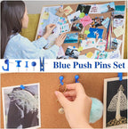 200 Pieces Push Pins Set, 5 Types Blue Thumb Tacks Cute Decorative Push Pins for Wall Cork Board Bulletin Boards with Storage Box