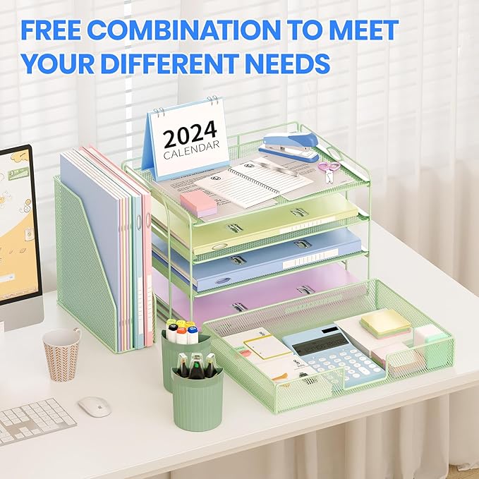 OPNICE Desk Organizer, 4-Tier Desktop File Organizer with Drawer and 2 Pen Holders, Office Desk Accessories, File Sorters, Workspace Organizers for Office Supplies(Green)