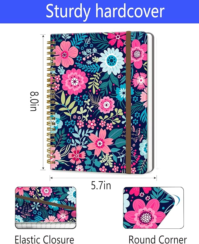 DHGPTS Spiral Journal Notebook, A5 Cute Notebooks for Women Men, College Ruled Hardcover Notebook for Work & Note Taking, 60 Pages Double-Wire Journals for Writing, Cute Purple Flowers